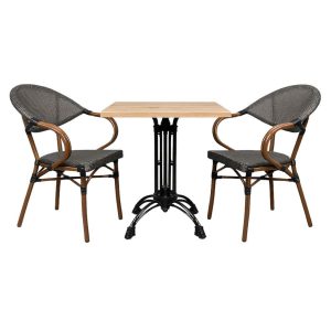 Super-Seat | The Hospitality Terrace Set textile chairs + Werzalit table oak 7 | Oak Werzalit table, black metal base, 2 textile chairs with wooden armrests in black with woven seat |. | Hospitality Furniture