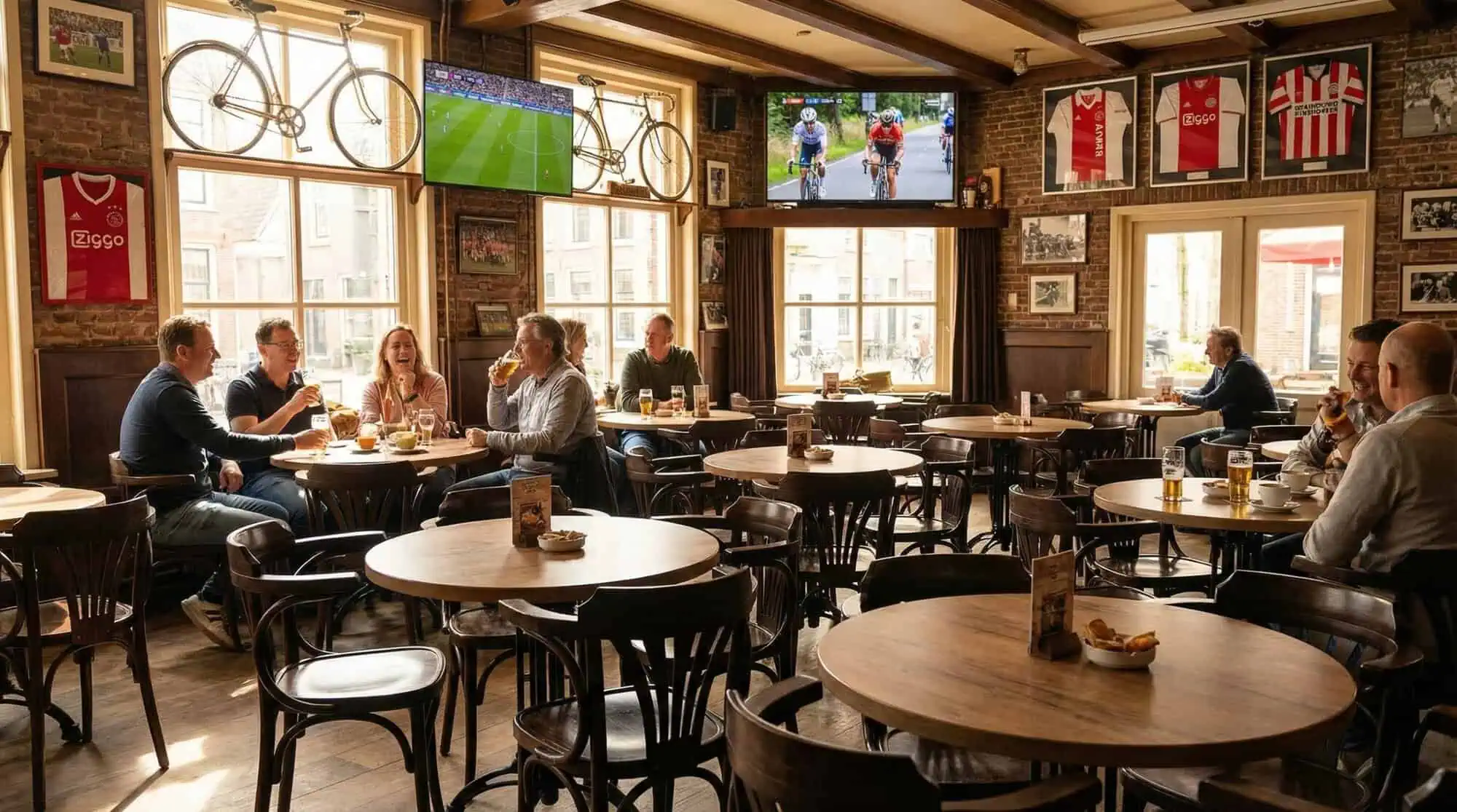 Super-Seat |Wood tables, chairs and bar stools; warm oak color in sports bar with bikes on the wall. | Hospitality Furniture