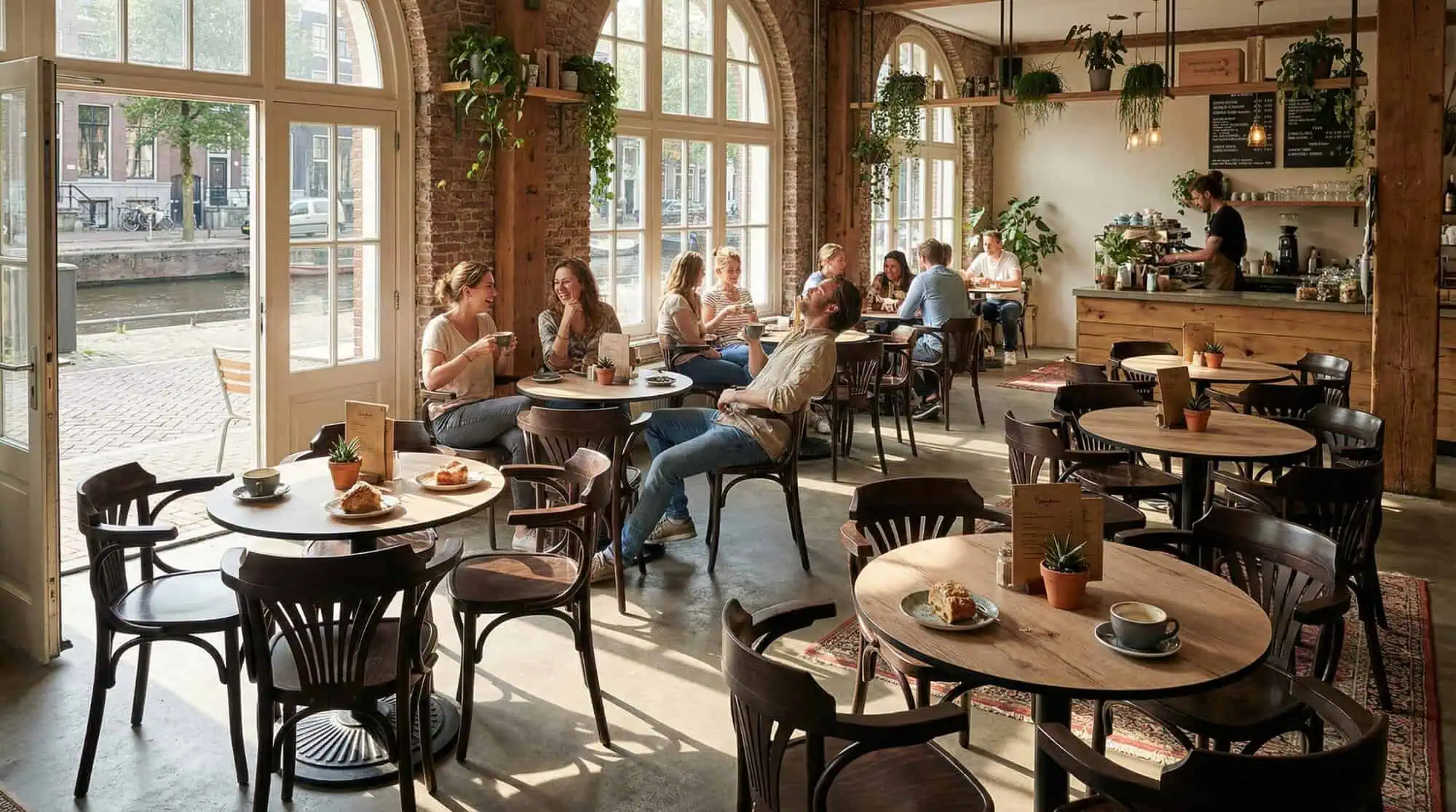 Super-Seat | HPL Hospitality (patio) table tops castle oak round 80cm | Warm wooden chairs, tables and bark stools with light castle oak tops, sunlight, green. | Hospitality Furniture