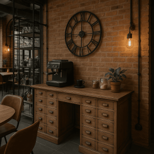 Super-Seat | A Vintage eikenhouten apothekersbureau met lades 228x70cm | Eikenhouten bureau, lichtbruin; zwarte klok; glazen deur naar zithoek met verschillende stoelen. | Horecameubilair
