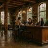 Super-Seat | Ein Mann und eine Frau sitzen auf Aviator Catering Barhocker schwarz | Zwarte metalen barkrukken met leren zitting, aan houten bar in rustiek café met veel planten. | Horecameubilair