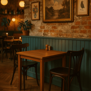Super-Seat | A Hospitality set Thonet chairs + Parker table brown cafe 80x80cm | Dark brown wooden Thonet chairs, brown wooden table, warm atmosphere, wooden wall |. | Hospitality Furniture