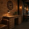 Super-Seat |A Vintage oak apothecary desk with drawers 228x70cm|Oak desk, brown leather chairs, metal desk lamp, wooden wall, warm|. | Hospitality Furniture