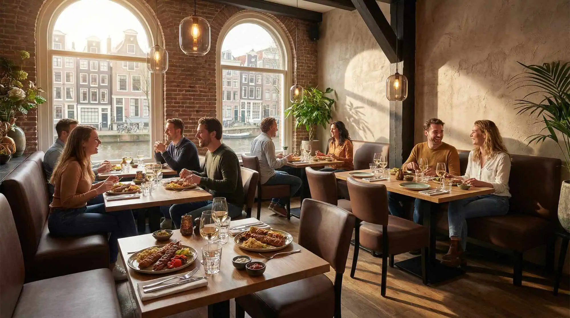 Super-Seat | Lisa hospitality dining bench bistro Dark Brown 120cm | Dark brown wooden dining benches and tables, large windows, sunny, brick walls. | Hospitality Furniture