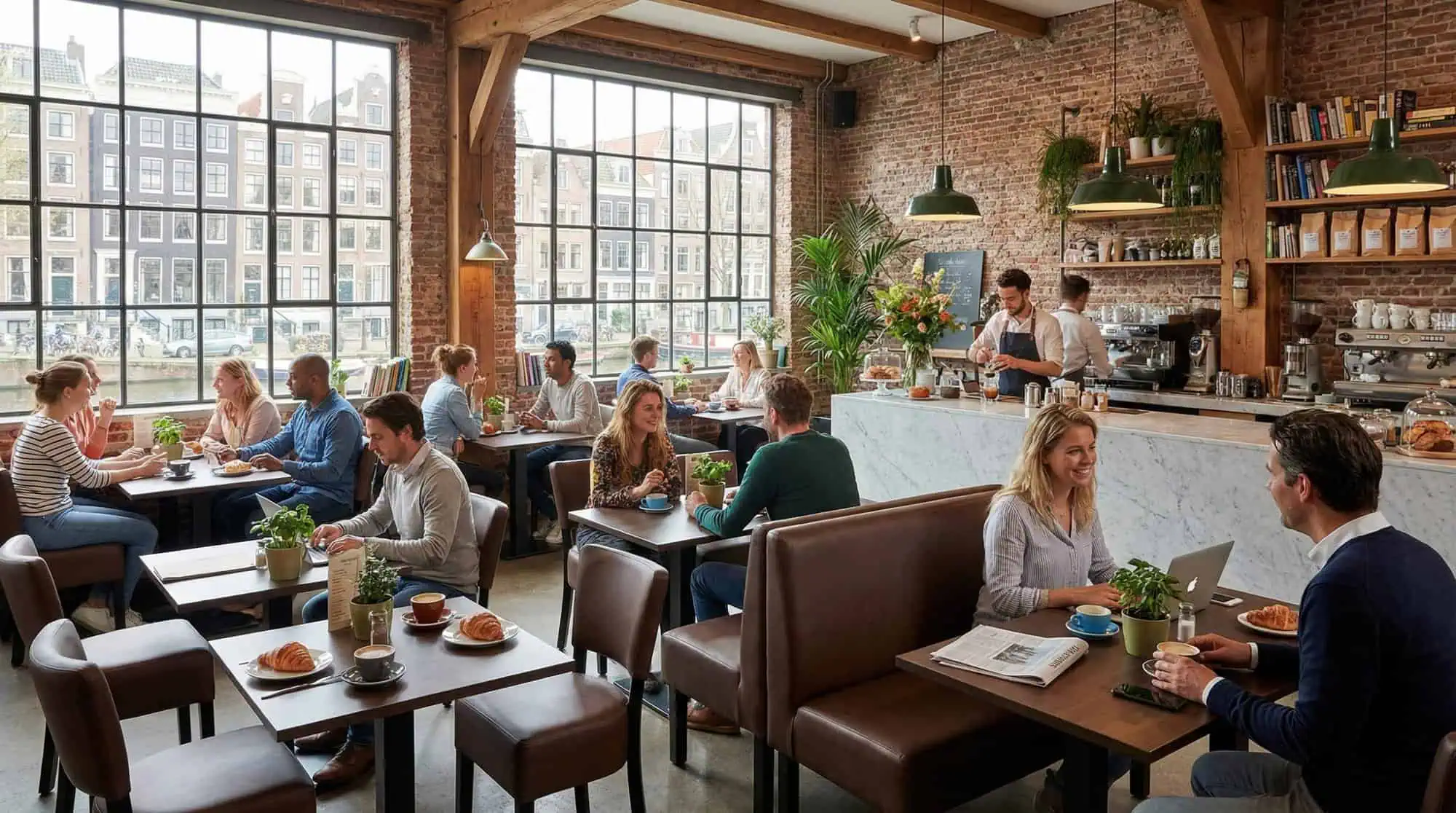 Super-Seat | Lisa hospitality dining bench bistro Dark Brown - 120cm | Dark brown leather bench, wooden tables and chairs in modern cafe with brick walls. | Hospitality Furniture