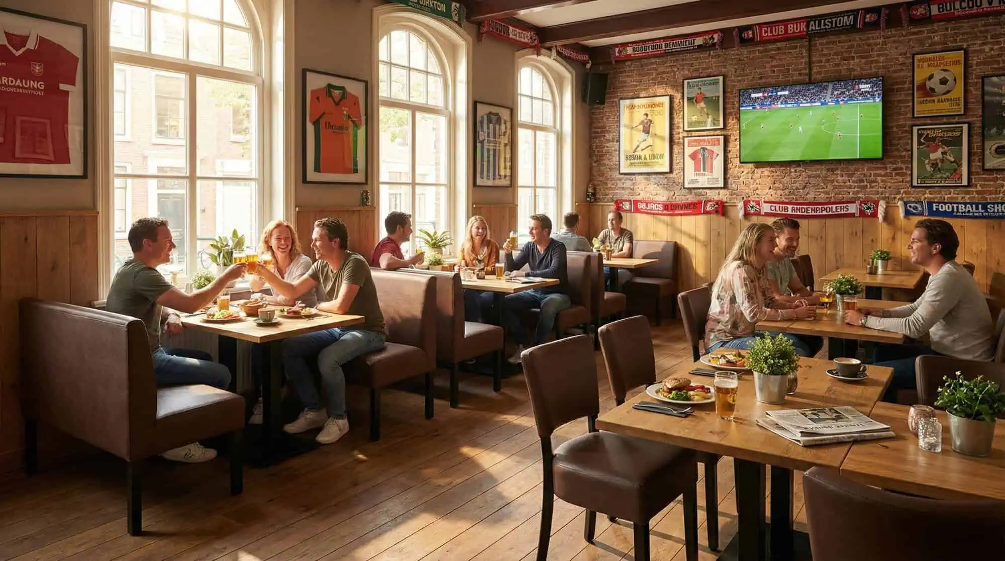 Super-Seat | Lisa hospitality dining bench bistro Dark Brown - 120cm | Dark brown wooden chairs, tables and bar stools in sports bistro with sunlight and soccer. | Hospitality Furniture