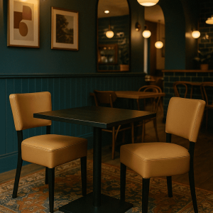 Super-Seat | The Lisa taupe catering set with two chairs and an Urban table in black melamine | Taupe fabric chairs, black melamine table, both on rug; restaurant with blue walls. |. | Horecameubilair