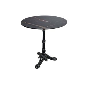 Super-Seat | The Hospitality tables melamine black marble round 67 cm | Zwarte melamine marmerlook tafel, lichte aders, ronde top, zwart metalen sierlijke poot. | Horecameubilair