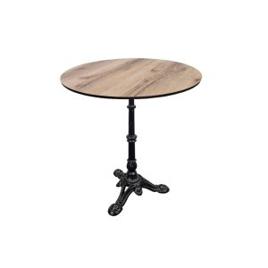 Super-Seat | Hospitality patio tables Paris | 70cm round HPL castle oak top, black metal leg, warm wood color, solid materials. | Hospitality Furniture