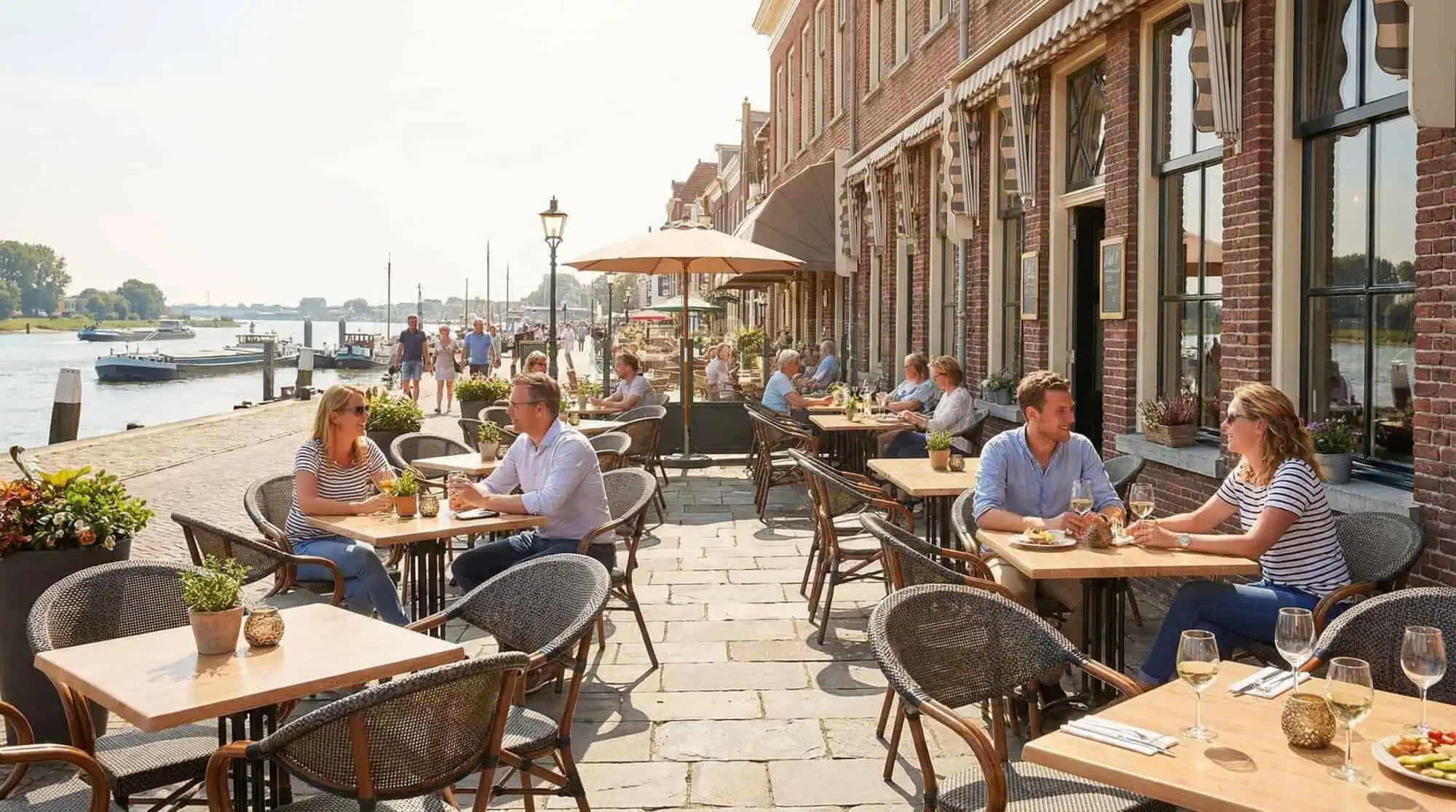 Super-Seat | Hospitality Terrace Furniture | Black textilene chairs, Wermodin oak tables on a stone terrace by the water in the sun. | Hospitality Furniture