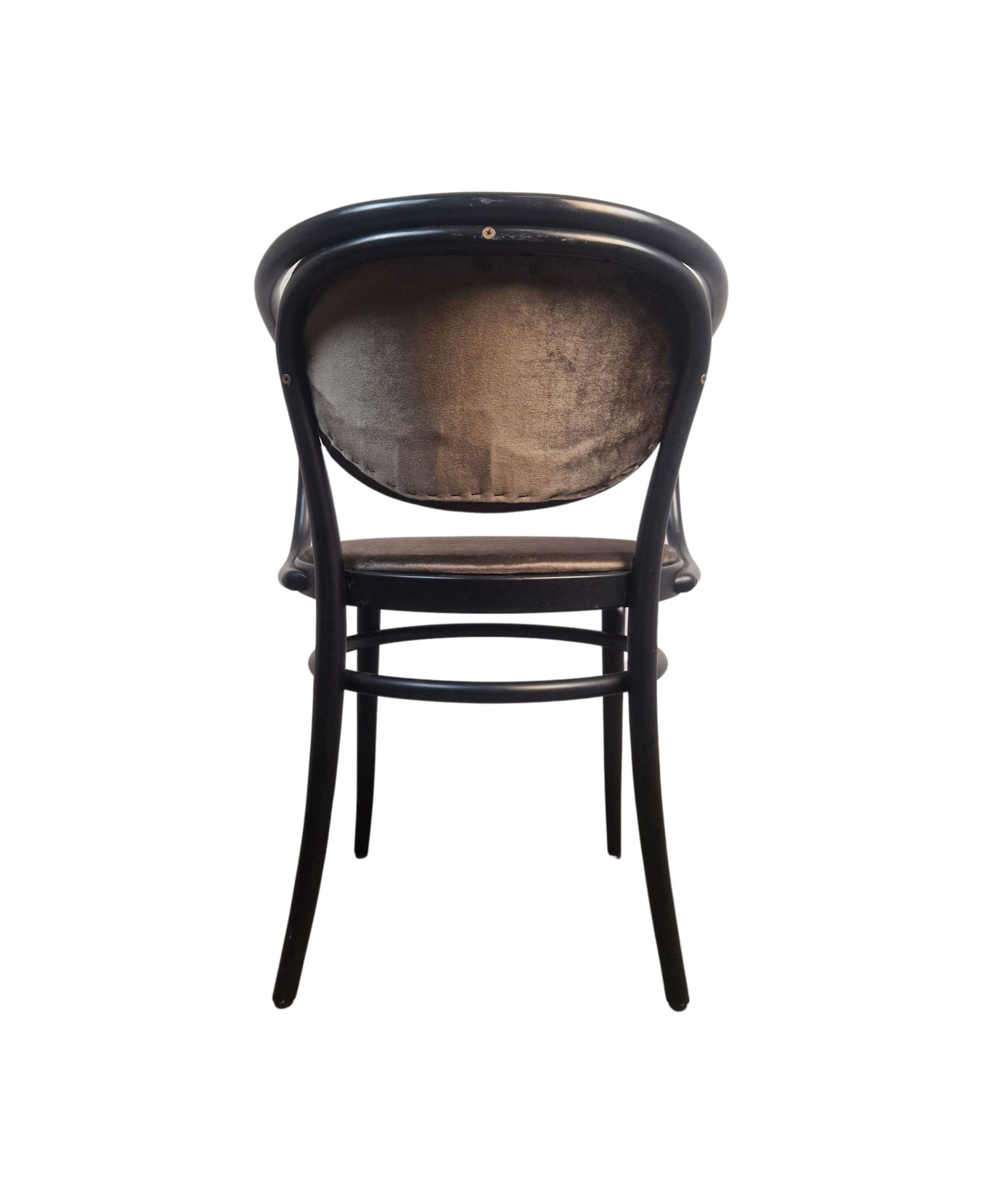 Super-Seat | The Michael Thonet 210 Vintage Bentwood Armchair | Zwarte houten armleuning stoel met gebogen rug, mocha glansstof bekleding. | Horecameubilair