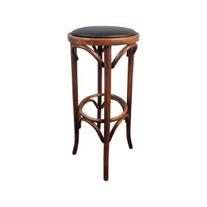 Super-Seat | The Tessa Thonet Wooden Bar Stool | Bruin houten barkruk met ronde zwarte zitting, metalen voetsteun; elegant & klassiek design. | Horecameubilair