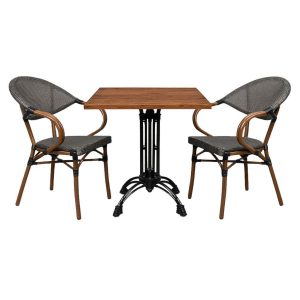 Super-Seat | The Horeca terras set | Grijze textileen stoelen met houten armen & zwart, vierkante teak Werzalit tafel op zwart onderstel. | Horecameubilair