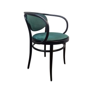 Super-Seat | The Michael Thonet 210 Vintage Bentwood Armchair | Zwart gebogen hout, groene stoffen bekleding; ronde zitting en rugleuning. | Horecameubilair