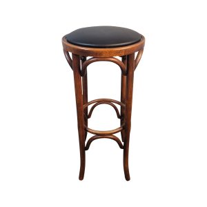 Super-Seat | The Tessa Thonet Wooden Bar Stool | Bruin houten barkruk met gebogen poten en zwart ronde zitting, gemaakt van hout en kunstleer. | Horecameubilair