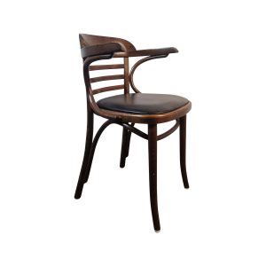 Super-Seat | The Tony Thonet Wooden Café Armchair | Bruin/zwart hout, gebogen armleuningen, lattenrug, ronde zwarte stoffen zitting. | Horecameubilair