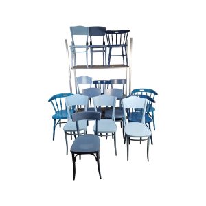 Super-Seat | Fifteen vintage blue wooden café chairs from the Thonet Mix Set | Blue lacquered wooden chairs, partially stacked on metal rack, vintage look. | Hospitality Furniture
