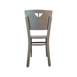 Super-Seat | Gray vintage wood bistro chair; visible screws, light wear and triangular back cutout. | Hospitality Furniture