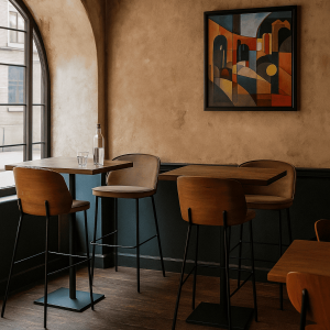 Super-Seat | Small café interior with wooden tables & New York design barkrukken | Houten tafels, bruine velours mokka barkrukken, glas, kleurrijk schilderij. | Horecameubilair