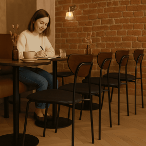 Super-Seat | Black & wooden Scandinavian design chairs, light wooden table, brick wall, dried flowers. | Hospitality Furniture