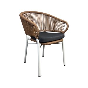 Super-Seat |White metal frame, brown rattan details, black cushion, sleek look. | Hospitality Furniture