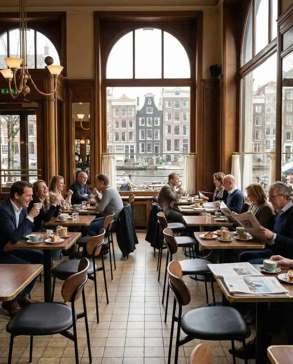 Super-Seat | Chairs, tables, bar stools in wood/black, people at tables with coffee in café with large windows. | Hospitality Furniture