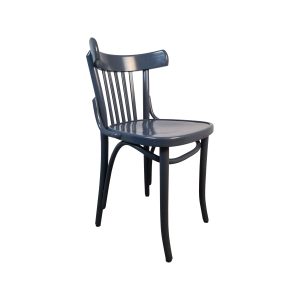 Super-Seat | An Ocean Thonet vintage wooden slat-back chair | Grijs-blauw hout, gebogen rugleuning, verticale latten, vier poten, zonder armleuningen. | Horecameubilair