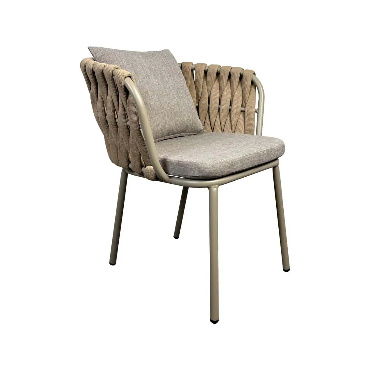 Super-Seat | The Must Scandinavian design chairs wood / black | Beige metal frame, woven tan backrest, light gray seat cushion, light decorative cushion. | Hospitality Furniture