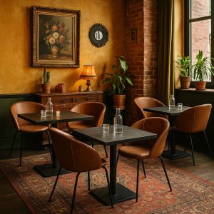 Super-Seat | Cozy restaurant interior in Portland | Four wooden tables, cognac leather armchairs, patterned rug, plants, mustard yellow walls. |. | Hospitality Furniture