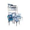 Super-Seat | 15 vintage wooden cafe chairs in shades of blue, partly on metal rack, wooden seat and rug, white decor. |. | Hospitality Furniture