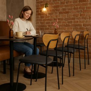 Super-Seat | A woman sits alone at a round table in a café.... | Black and wooden Scandinavian chairs, round wooden tables, dried flowers in vases. | Hospitality Furniture