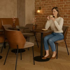 Super-Seat | A woman sits alone at a small round table in a cafe | Houten stoelen met mokka velours bekleding, ronde tafel van hout, warme tinten, bakstenen muur. | Horecameubilair