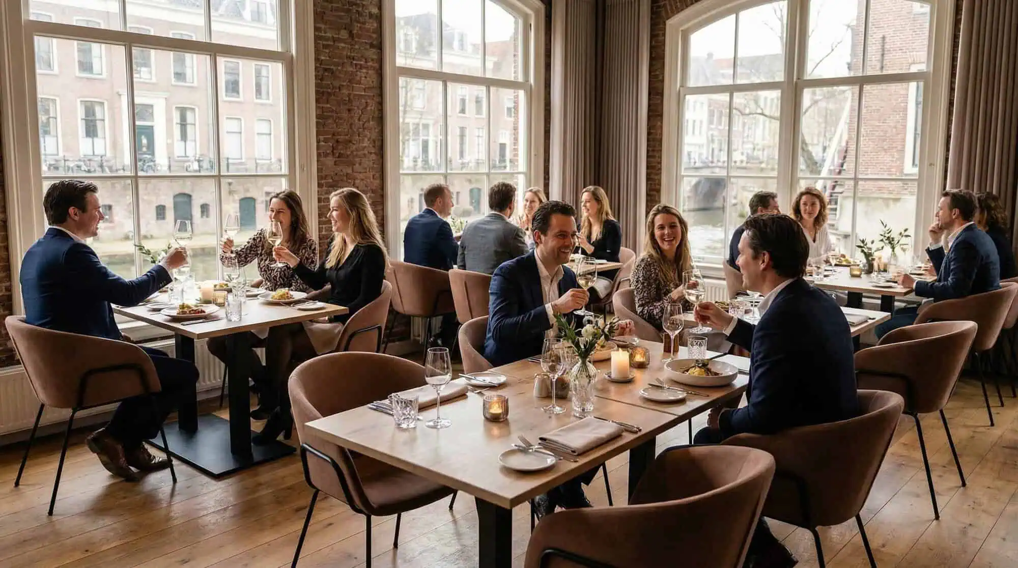 Super-Seat | Portland designer arm chairs velour mocha | Velvet mocha chairs, wooden tables, sunny interior with canal views. | Hospitality Furniture