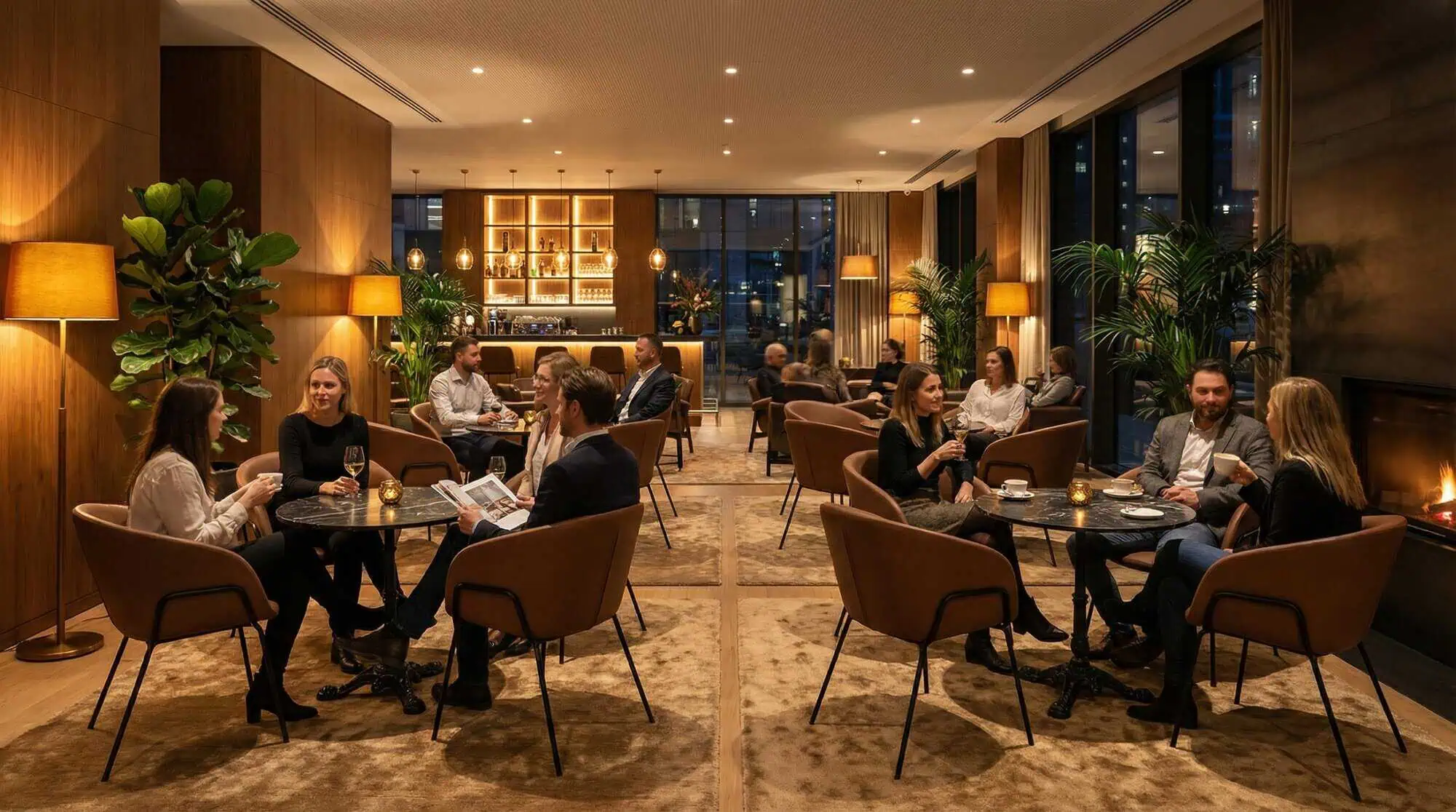 Super-Seat | Modern Lounge in Portland | Velour mocha chairs, wooden tables, bar stools and warm lighting at the bar and large windows. | Hospitality Furniture