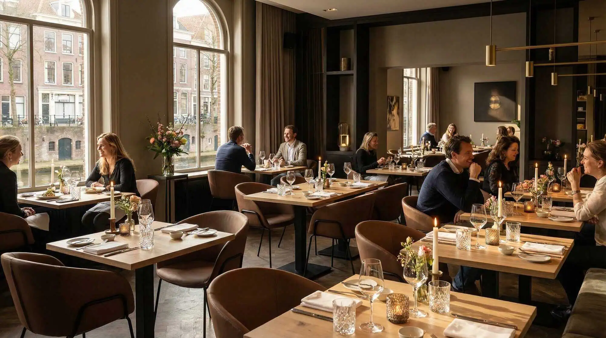 Super-Seat | Modern restaurant design Chairs in mocha velvet, wooden tables, large windows, attractively lit, flower arrangements on the table. | Hospitality Furniture