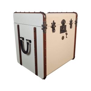 Super-Seat | Vintage trunk table, cream color, dark wood, metal studs/handles/locks. | Hospitality Furniture