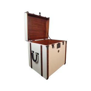 Super-Seat | A large, rectangular, cream Authentic Models side table; with wood, brown leather straps, black metal details |. | Hospitality Furniture