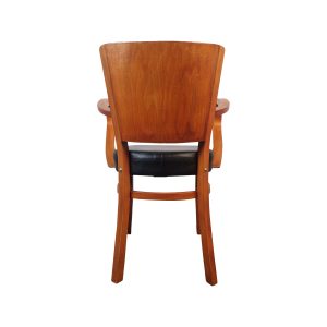 Super-Seat | Sturdy wooden arm chair with curved back, black seat. Material: wood, faux leather. Color: natural & black. | Hospitality Furniture
