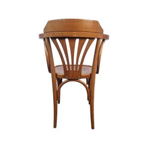 Super-Seat | A Nova vintage wooden Thon arm chair in brown | Brown wooden chair, curved back, vertical bars and legs, all wood. | Hospitality Furniture