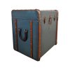 Super-Seat | Vintage blue side table, brown leather, brass studs, metal clasp. | Hospitality Furniture