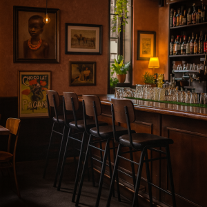Super-Seat | A cozy bar with Jody catering bar stools Four black/brown stackable bar stools made of metal, wooden bar, brown walls, plants. | Hospitality Furniture