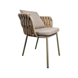 Super-Seat | The Onnoble design (patio) stacking chairs taupe | Modern metal beige frame, braided rug, taupe cushions, light brown, white background. | Hospitality Furniture