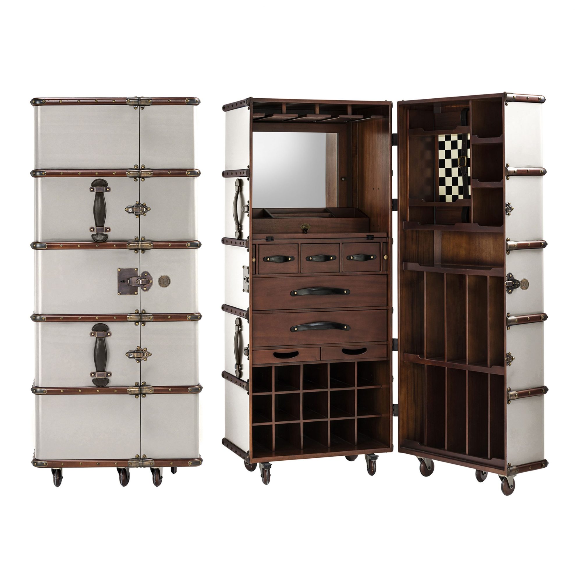 Super-Seat | The Authentic Models 'Pop up' bar in case white | White case-shaped bar with brown leather, metal accents, drawers and shelves. | Hospitality Furniture