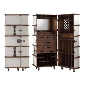 Super-Seat | The Authentic Models 'Pop up' bar in case white | White case-shaped bar with brown leather, metal accents, drawers and shelves. | Hospitality Furniture