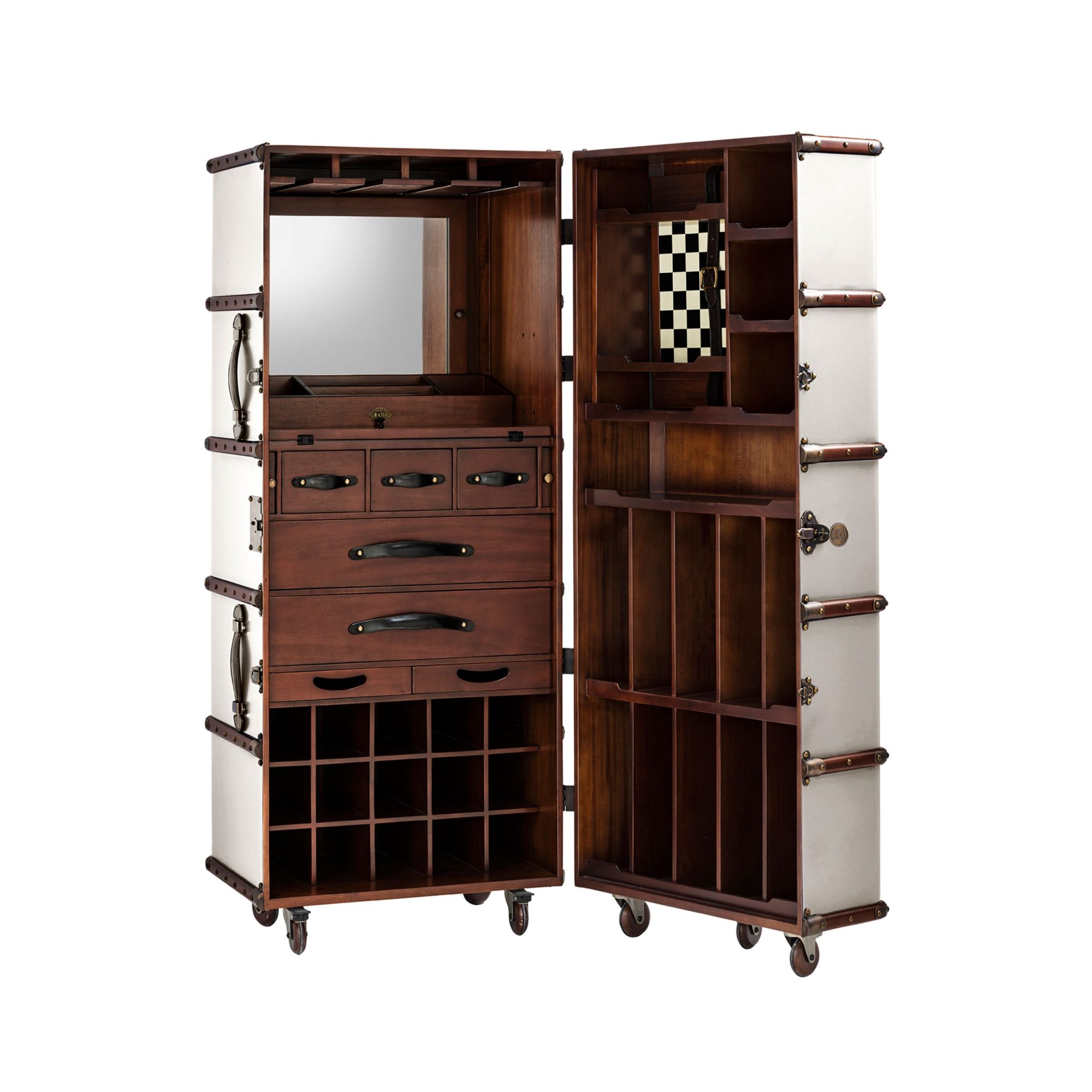 Super-Seat | White wooden travel case bar with metal edges, leather handles, mirror and built-in chess board. | Hospitality Furniture