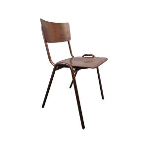 Super-Seat | The Rocco Retro Wooden School Chair | Donkerbruin hout, gebogen rugleuning & zitting, vier schuine metalen poten in donker metaal. | Horecameubilair