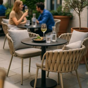 Super-Seat | Taupe Onnoble stacking chairs, outdoor table with metal frame and plastic tub, contemporary patio style. | Hospitality Furniture