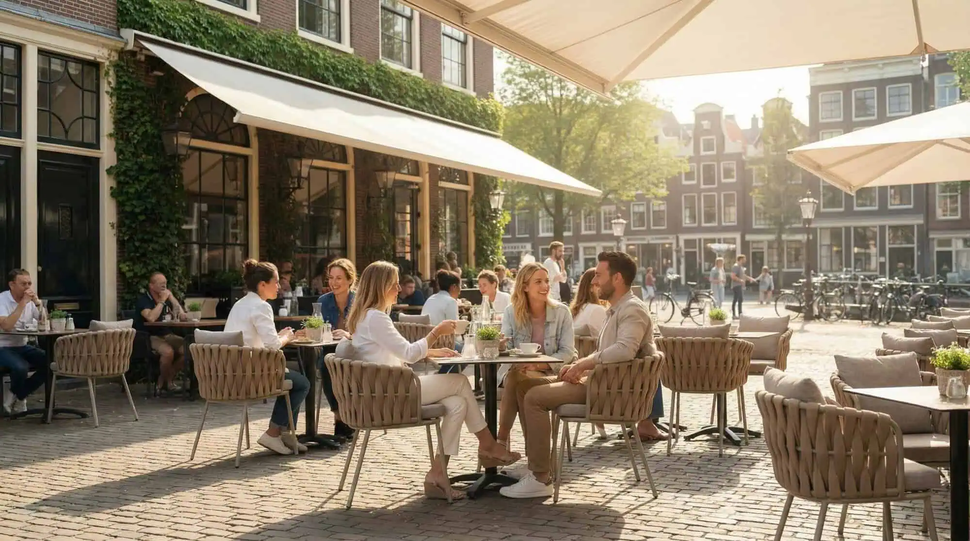 Super-Seat |Taupe plastic stacking chairs and metal tables on a terrace with large umbrellas, surrounded by bicycles. | Hospitality Furniture