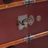 Super-Seat | Close-up of the Authentic models 'Pop up' bar in case wine red | Deep wine red case, wooden slats, metal hinges and rivets, leather straps. | Hospitality Furniture