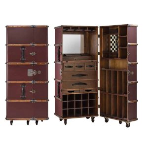 Super-Seat | The Authentic Models 'Pop up' Bar in suitcase wine red | Wine red wooden bar on wheels, vintage suitcase style with mirror, drawers and shelves. | Hospitality Furniture